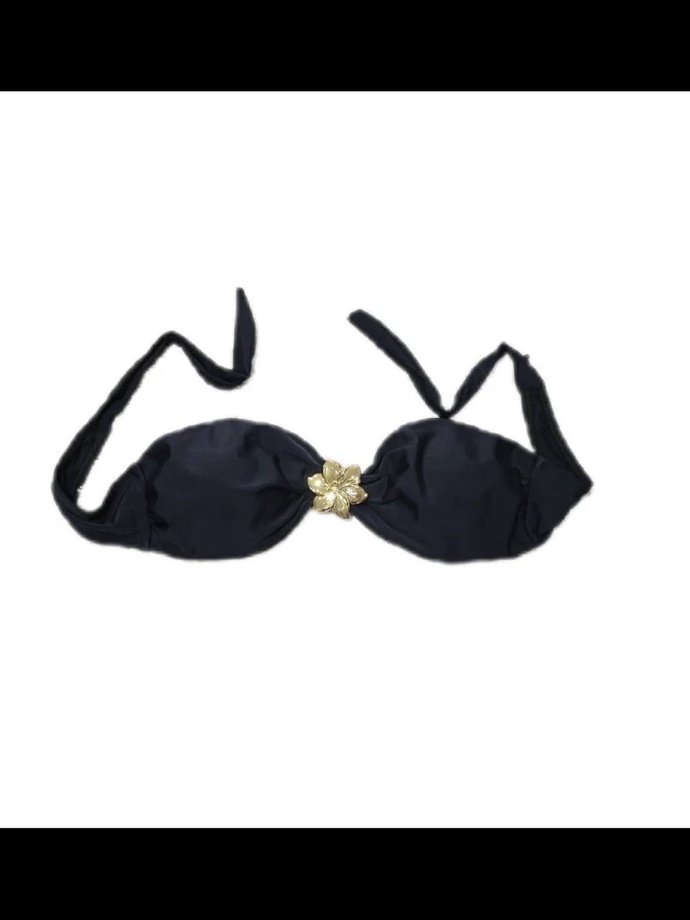 Black Strapless Bandeau Bikini Top with Gold Flower Accent